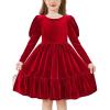 Arshiner Toddler Velvet Dress Girls Puff Long Sleeves Crew Neck Party Fall Winter Ruffle Dresses with Pockets 2-8Y(Red)
