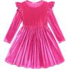 Arshiner Toddler Velvet Dress Little Girls Fall Winter Long Sleeve Ruffle Holiday Birthday Party Dresses with Pockets(Hot Pink)