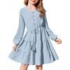 Arshiner Tween Girls Dresses Fall Long Sleeve V Neck Waist Tie Ruffle Tiered Swing Skater Dress(Blue)