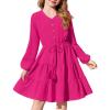 Arshiner Tween Girls Dresses Fall Long Sleeve V Neck Waist Tie Ruffle Tiered Swing Skater Dress(Hot Pink)