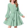 Arshiner Tween Girls Dresses Fall Long Sleeve V Neck Waist Tie Ruffle Tiered Swing Skater Dress(Light Green)