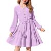 Arshiner Tween Girls Dresses Fall Long Sleeve V Neck Waist Tie Ruffle Tiered Swing Skater Dress(Lilac)