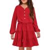 Arshiner Tween Girls Dresses Fall Long Sleeve V Neck Waist Tie Ruffle Tiered Swing Skater Dress(Red)