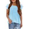 Girls T Shirts Ruffle Short Sleeve Round Neck Loose Blouse Summer Solid Color Casual Girl Tee Tops for 3-12 Years(Light Blue)