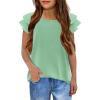 Girls T Shirts Ruffle Short Sleeve Round Neck Loose Blouse Summer Solid Color Casual Girl Tee Tops for 3-12 Years(Light Green)
