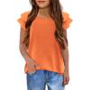 Girls T Shirts Ruffle Short Sleeve Round Neck Loose Blouse Summer Solid Color Casual Girl Tee Tops for 3-12 Years(Orange)