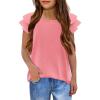 Girls T Shirts Ruffle Short Sleeve Round Neck Loose Blouse Summer Solid Color Casual Girl Tee Tops for 3-12 Years(Pink)