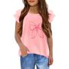 Girls T Shirts Ruffle Short Sleeve Round Neck Loose Blouse Summer Solid Color Casual Girl Tee Tops for 3-12 Years(Pink Bow)