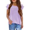 Girls T Shirts Ruffle Short Sleeve Round Neck Loose Blouse Summer Solid Color Casual Girl Tee Tops for 3-12 Years(Purple)