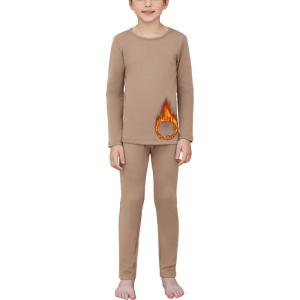 Arshienr Boys Thermal Underwear Set 2-Piece Base Layer Fleece Lined Long Johns Top Bottom Warm Set for Cold Weather(Khaki)