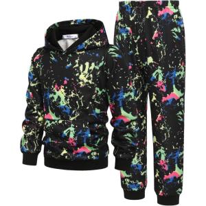 Arshiner 2 Piece Outfit Boys Pullover Hoodies Sweatshirt Suit For Kids Tracksuit Set(Black Colorful Print)