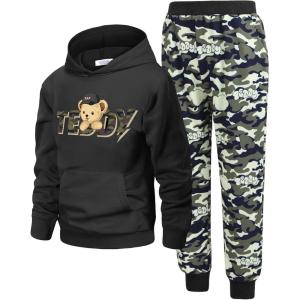 Arshiner 2 Piece Outfit Boys Pullover Hoodies Sweatshirt Suit For Kids Tracksuit Set(Teddy Balck/Camo)