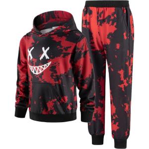 Arshiner 2 Piece Outfit Boys Pullover Hoodies Sweatshirt Suit For Kids Tracksuit Set(Tie-dye Black/Red)