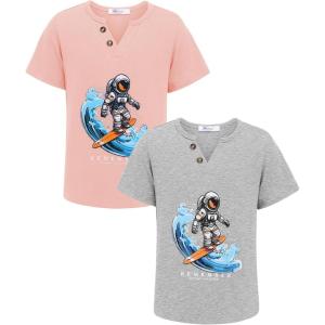 Arshiner 2-Pack Boy’s Henley Shirt Short Sleeve Cotton T-Shirt with Multi Color 5-12 Years(Gray Print&pink Print)