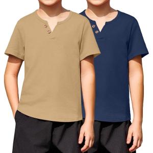 Arshiner 2-Pack Boy’s Henley Shirt Short Sleeve Cotton T-Shirt with Multi Color 5-12 Years(Khaki&navy Blue)