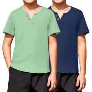 Arshiner 2-Pack Boy’s Henley Shirt Short Sleeve Cotton T-Shirt with Multi Color 5-12 Years(Light Green&dark Blue)