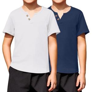 Arshiner 2-Pack Boy’s Henley Shirt Short Sleeve Cotton T-Shirt with Multi Color 5-12 Years(White&dark Blue)