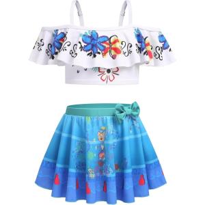 Arshiner 3 Piece Tween Girls Swimsuit Ruffle Sleeve Athletic Tankini Sport Swimwear with Swimming Skirt(Blue Pattern)