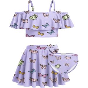 Arshiner 3 Piece Tween Girls Swimsuit Ruffle Sleeve Athletic Tankini Sport Swimwear with Swimming Skirt(Colorful Butterfly)