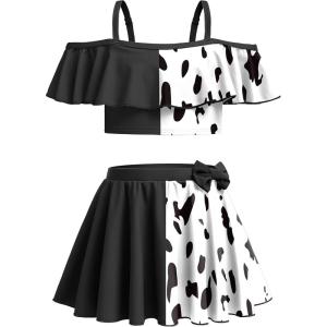 Arshiner 3 Piece Tween Girls Swimsuit Ruffle Sleeve Athletic Tankini Sport Swimwear with Swimming Skirt(Cow Print)