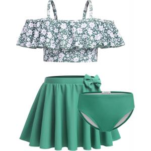 Arshiner 3 Piece Tween Girls Swimsuit Ruffle Sleeve Athletic Tankini Sport Swimwear with Swimming Skirt(Green Floral)
