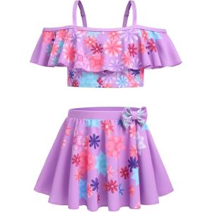 Arshiner 3 Piece Tween Girls Swimsuit Ruffle Sleeve Athletic Tankini Sport Swimwear with Swimming Skirt(Purple Floral)