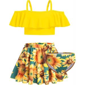 Arshiner 3 Piece Tween Girls Swimsuit Ruffle Sleeve Athletic Tankini Sport Swimwear with Swimming Skirt(Sunflower)