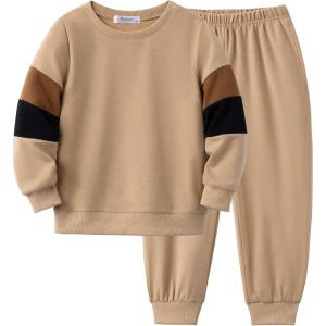 Arshiner Boy Clothes 2 Piece Color Block Sweatshirt and Pants Set Fall Winter Outfit for Toddler and Kids 2-9 Years(Khaki)