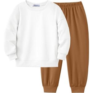 Arshiner Boy Clothes 2 Piece Color Block Sweatshirt and Pants Set Fall Winter Outfit for Toddler and Kids 2-9 Years(White & Brown)