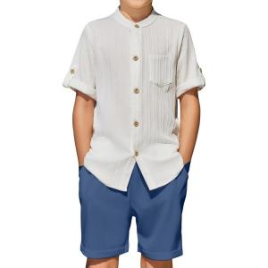 Arshiner Boy’s 2 Piece Beach Outfit Short Sleeve Textured Button Down Shirt and Short Sets Summer Vacation Wear 5-12 Years(White & Blue)