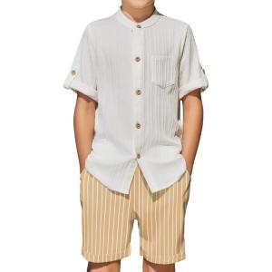 Arshiner Boy’s 2 Piece Beach Outfit Short Sleeve Textured Button Down Shirt and Short Sets Summer Vacation Wear 5-12 Years(White & Khaki Stripe)