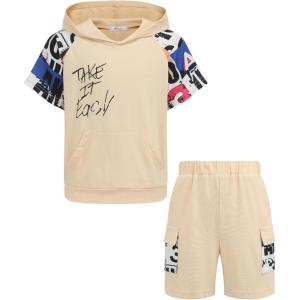Arshiner Boys 2 Piece Summer Outfits Letter Graphic Colorblock Short Sleeve Hoodie and Short Sets whith Pockets 5-12 Years(Khaki Graphic Print)