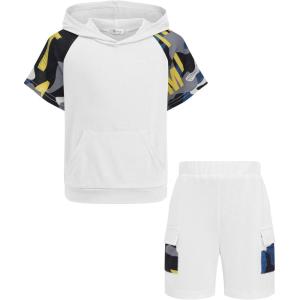 Arshiner Boys 2 Piece Summer Outfits Letter Graphic Colorblock Short Sleeve Hoodie and Short Sets whith Pockets 5-12 Years(White Camo Print)
