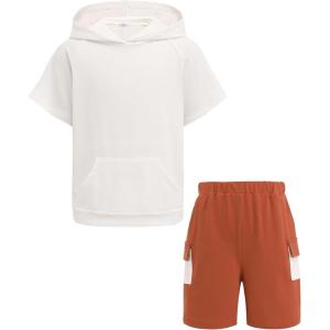Arshiner Boys 2 Piece Summer Outfits Letter Graphic Colorblock Short Sleeve Hoodie and Short Sets whith Pockets 5-12 Years(White and Brown)