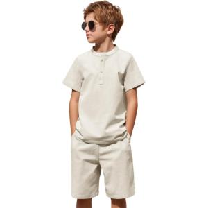 Arshiner Boy’s 2 Pieces Cotton Linen Set Casual Henley Shirts Short Sleeve Beach Shorts Summer Outfits for 5-12 Years(Beige)