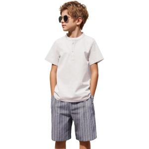 Arshiner Boy’s 2 Pieces Cotton Linen Set Casual Henley Shirts Short Sleeve Beach Shorts Summer Outfits for 5-12 Years(Beige and Grey Striped)