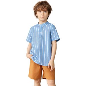 Arshiner Boy’s 2 Pieces Cotton Linen Set Casual Henley Shirts Short Sleeve Beach Shorts Summer Outfits for 5-12 Years(Blue Striped and Khaki)
