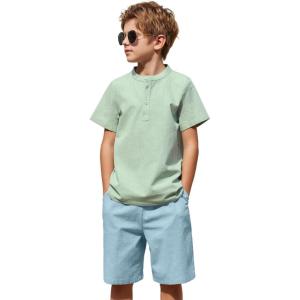 Arshiner Boy’s 2 Pieces Cotton Linen Set Casual Henley Shirts Short Sleeve Beach Shorts Summer Outfits for 5-12 Years(Green and Khaki)