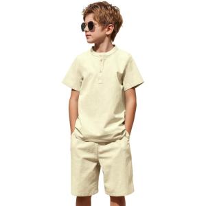 Arshiner Boy’s 2 Pieces Cotton Linen Set Casual Henley Shirts Short Sleeve Beach Shorts Summer Outfits for 5-12 Years(Khaki)