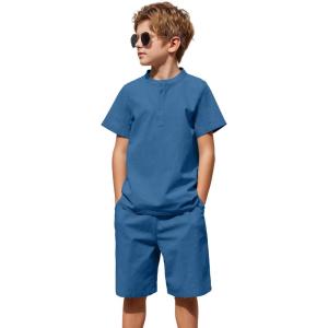 Arshiner Boy’s 2 Pieces Cotton Linen Set Casual Henley Shirts Short Sleeve Beach Shorts Summer Outfits for 5-12 Years(Navy Blue)
