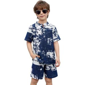 Arshiner Boy’s 2 Pieces Cotton Linen Set Casual Henley Shirts Short Sleeve Beach Shorts Summer Outfits for 5-12 Years(Navy Tie-dye)