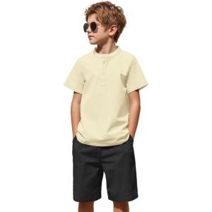 Arshiner Boy’s 2 Pieces Cotton Linen Set Casual Henley Shirts Short Sleeve Beach Shorts Summer Outfits for 5-12 Years(White and Black)