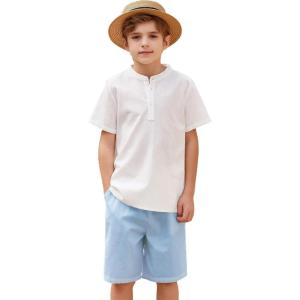 Arshiner Boy’s 2 Pieces Cotton Linen Set Casual Henley Shirts Short Sleeve Beach Shorts Summer Outfits for 5-12 Years(White and Blue)