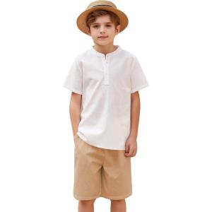 Arshiner Boy’s 2 Pieces Cotton Linen Set Casual Henley Shirts Short Sleeve Beach Shorts Summer Outfits for 5-12 Years(White and Deep Khaki)