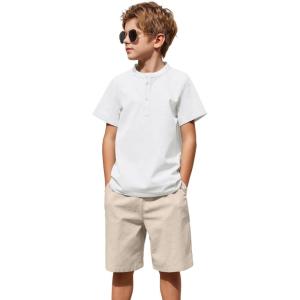 Arshiner Boy’s 2 Pieces Cotton Linen Set Casual Henley Shirts Short Sleeve Beach Shorts Summer Outfits for 5-12 Years(White and Khaki)