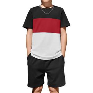 Arshiner Boys’ 2-Piece Cotton Outfit Color Block T-Shirt and Shorts Set Casual Summer Clothes for Kids 6-14 Years(Black & Red & White)