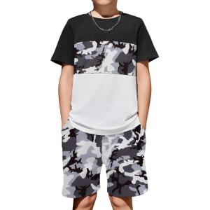 Arshiner Boys’ 2-Piece Cotton Outfit Color Block T-Shirt and Shorts Set Casual Summer Clothes for Kids 6-14 Years(Camouflage – Black Grey)