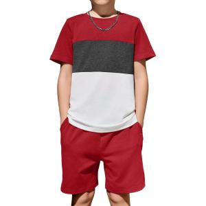 Arshiner Boys’ 2-Piece Cotton Outfit Color Block T-Shirt and Shorts Set Casual Summer Clothes for Kids 6-14 Years(Crimson & Grey & White)