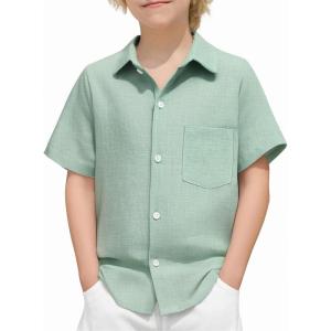 Arshiner Boys Button Down Shirt 100% Cotton Short Sleeve Shirt Solid Summer Beach Shirts with Pocket Size 4-14 Years(Ice Green)