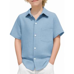 Arshiner Boys Button Down Shirt 100% Cotton Short Sleeve Shirt Solid Summer Beach Shirts with Pocket Size 4-14 Years(Light Blue)
